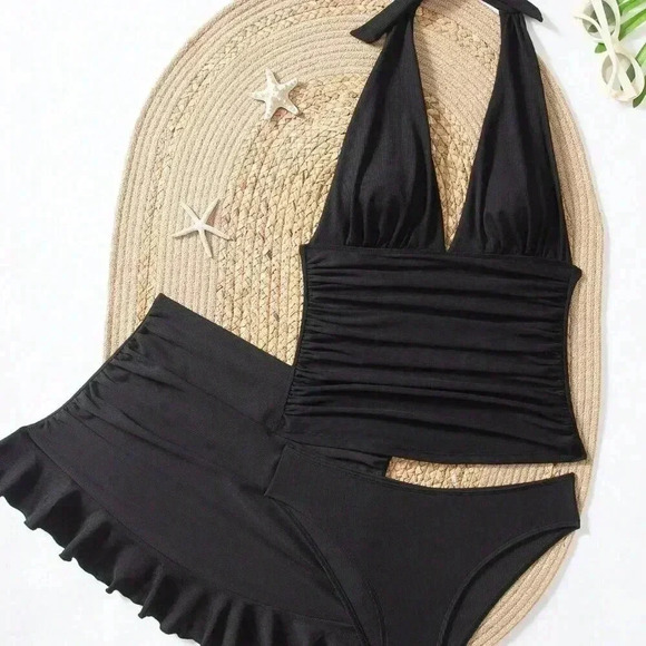 Black Elegant Women's Solid Color Halter Backless Top And Triangle Pant Tankini - Picture 5 of 8